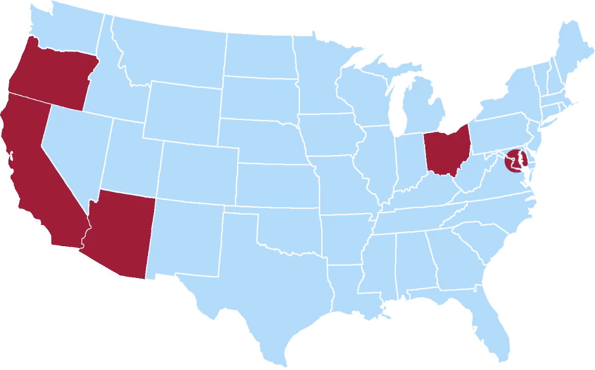 A map of the United States highlighting featured locations, including California, Oregon, Arizona, Ohio, and Washington, DC