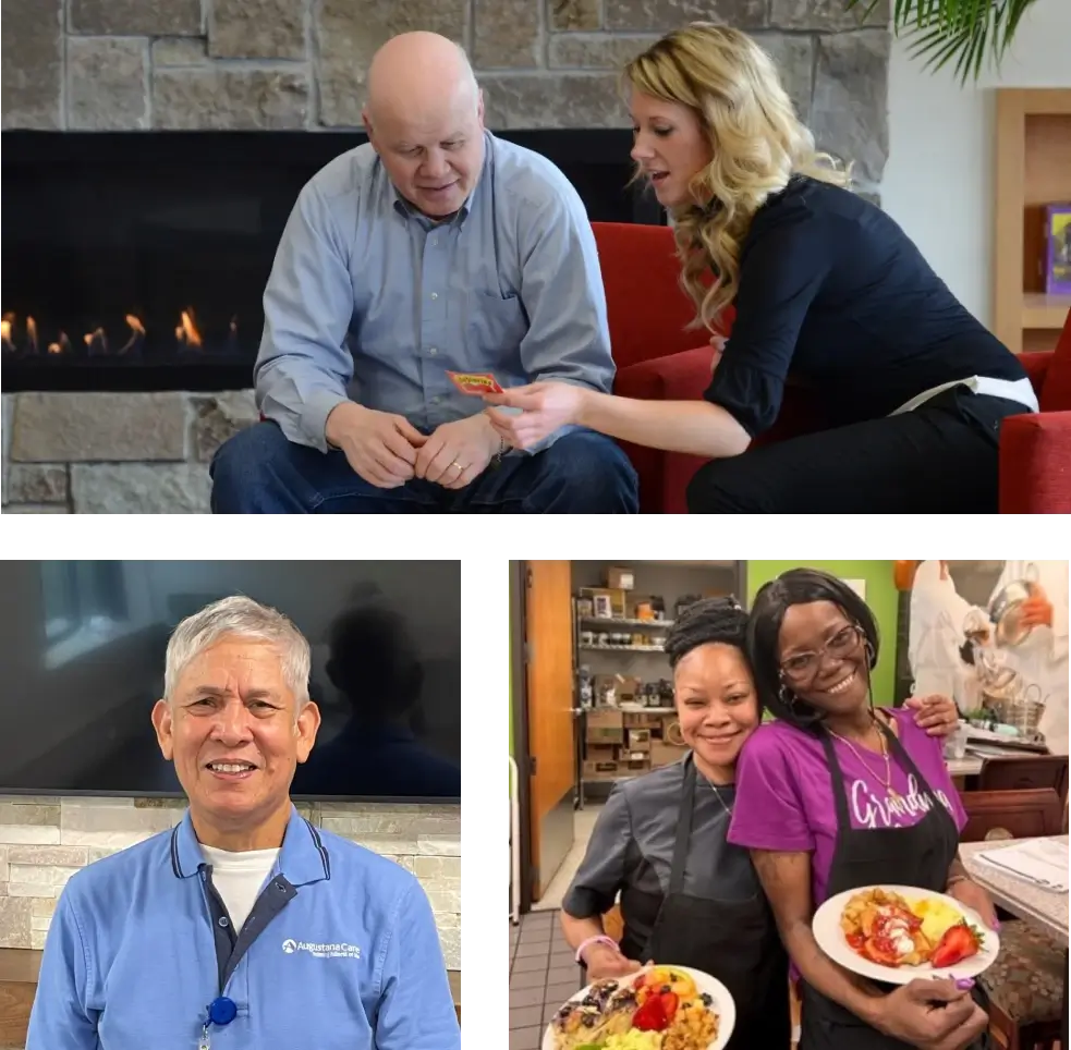 A collage of 3 images: A Cassia team member talking to a resident, A Cassia team member smiling, and Two Cassia culinary team members smiling as they prepare to serve meals