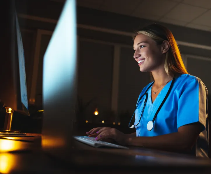 woman smiling at the screen