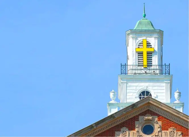 Church steeple with text that reads &ldquo;130+ years as Cincinnati's Healthcare Leader&rdquo; 