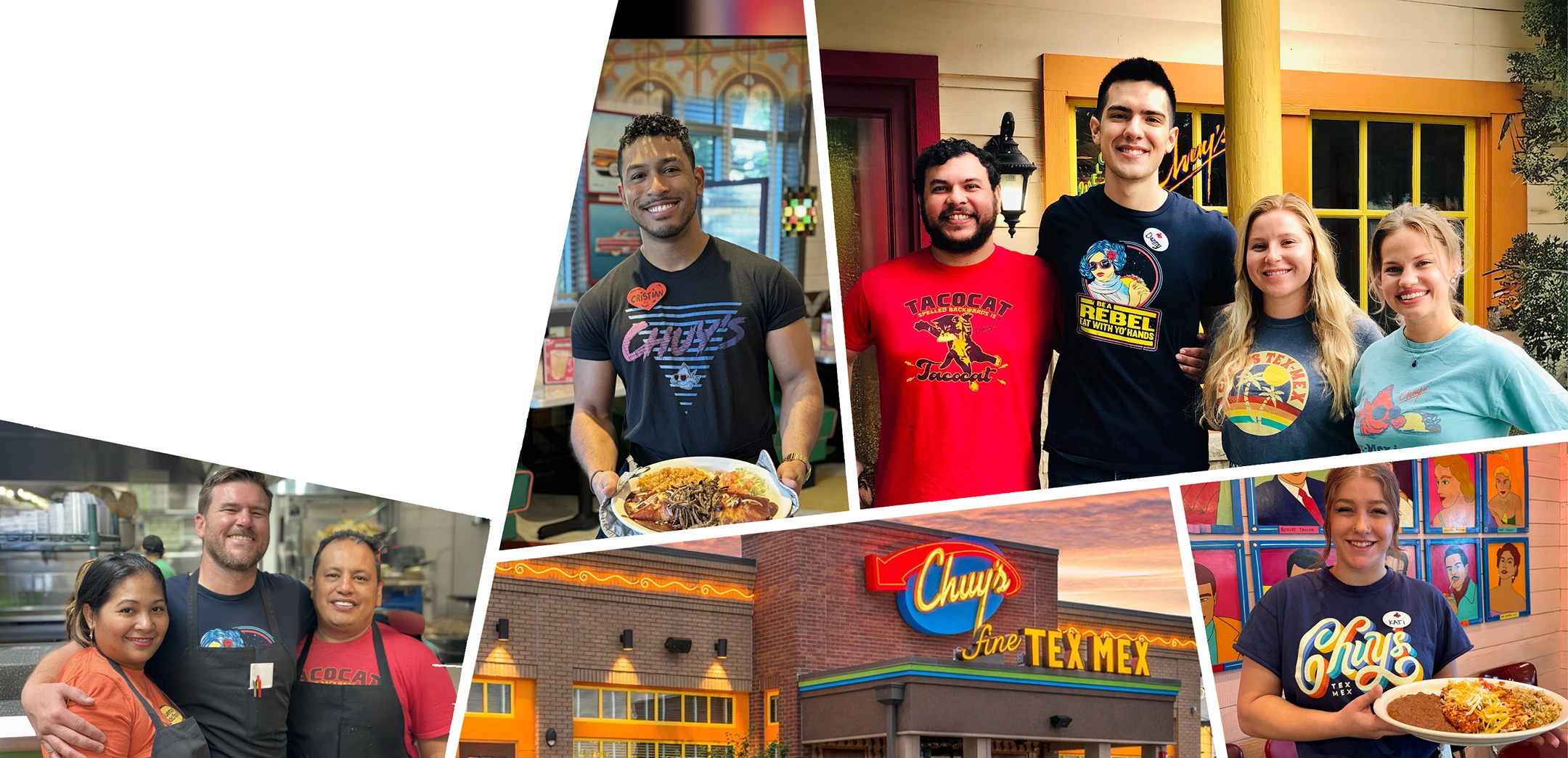 Collage of several different Chuy’s employees smiling, serving and working together.