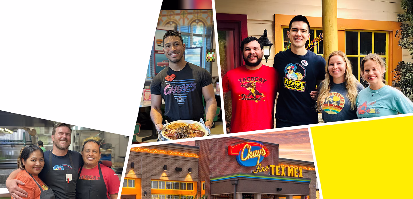 Collage of several different Chuy’s employees smiling, serving and working together.