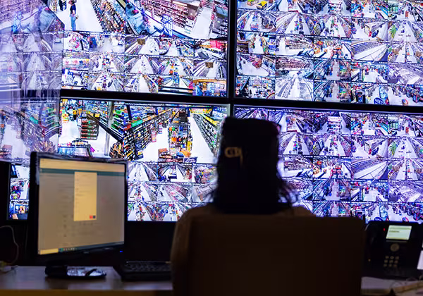 A loss prevention employee monitoring security cameras at Dierbergs