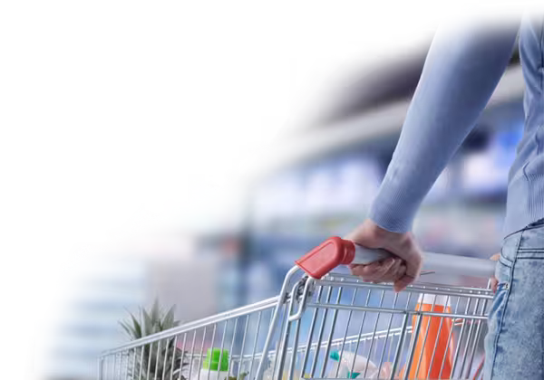 A person pushing a grocery cart filled with produce.