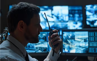 An ECAM security officer sitting behind a desk with multiple computer screens and talking on a wireless radio.