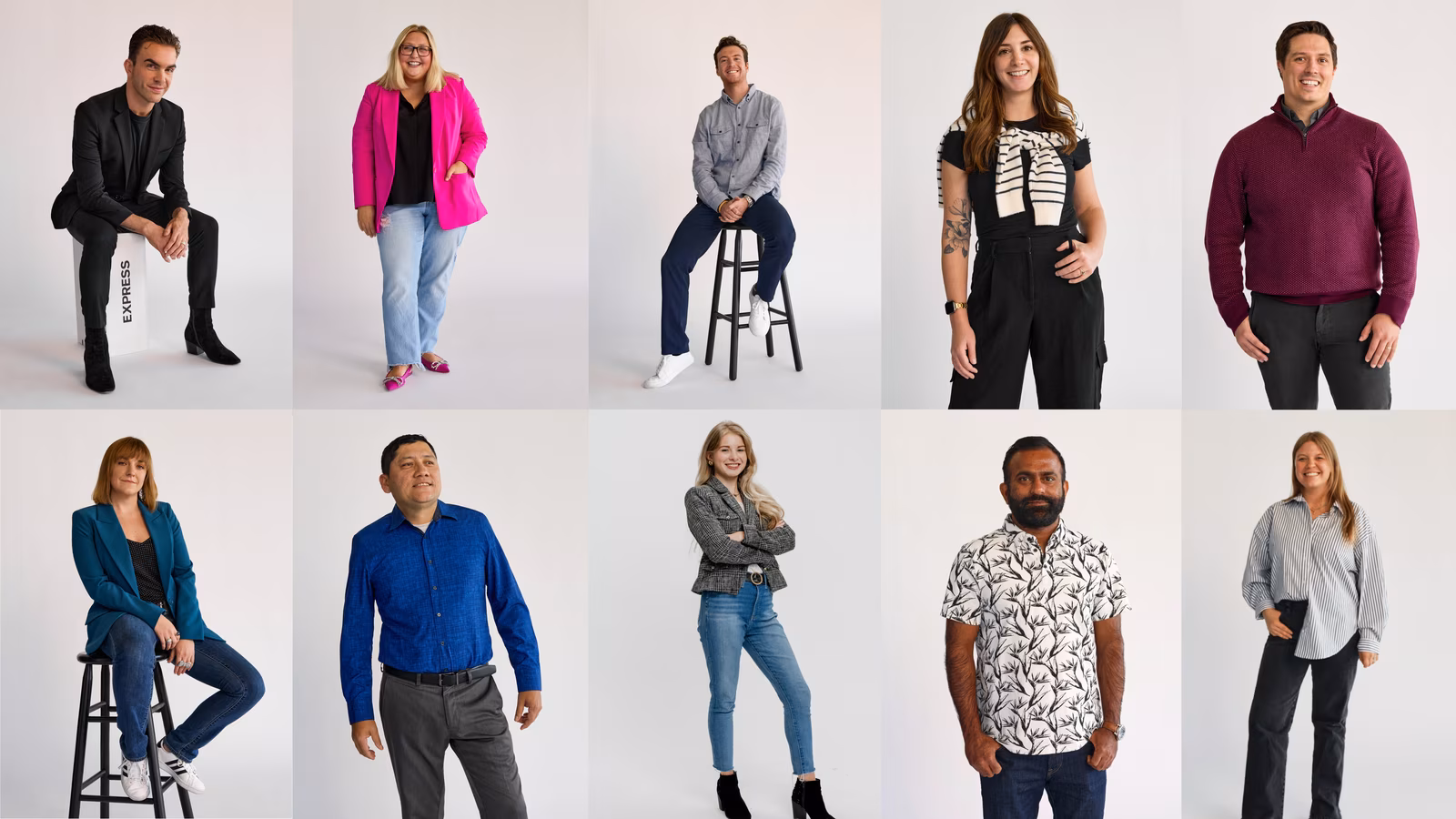 A ten-frame image collage of front profile shots of Express employees.