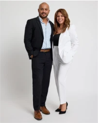 Two groups of professionally dressed people posing against a white background.