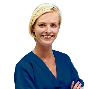 A smiling radiology professional in dark blue scrubs.
