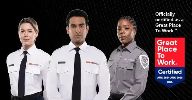 Three security employees wearing uniforms stand against a black background. A badge on the right reads 'Great Place to Work: Certified AUG 2024-AUG 2025 USA'