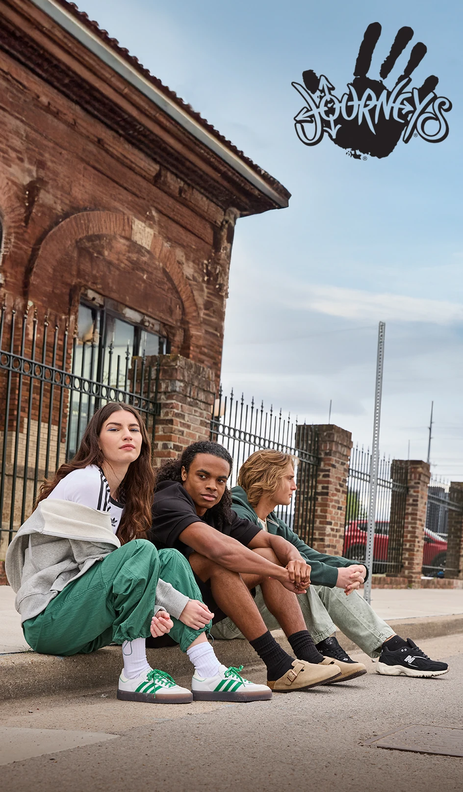 Three young models wearing Journey’s sneakers and footwear. 