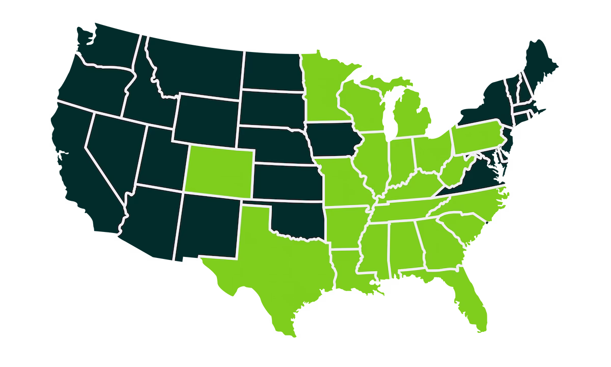 United States map highlighting Huntington Bank locations