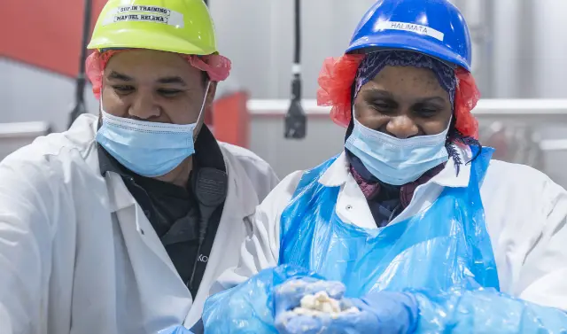  	Two Koch Foods employees in hard hats and face masks laughing while preparing food