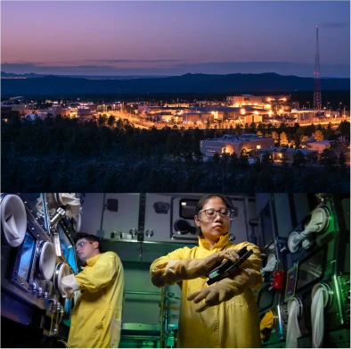 The left side shows a nighttime view of a large industrial facility, illuminated and surrounded by trees, with mountains in the background. The right side shows three smaller images: the top features workers in yellow protective suits handling equipment in a controlled environment, the middle shows a worker inspecting machinery from a yellow ladder, and the bottom depicts a worker in a yellow suit and orange cap inside a specialized workspace.