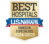 The U.S. News & World Report Best Hospitals Ranked in 8 Specialties 2024-2025 logo.