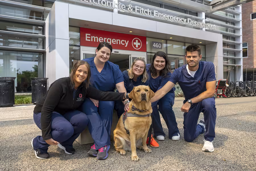 A group of Ohio State nurses smiling while petting a therapy dog