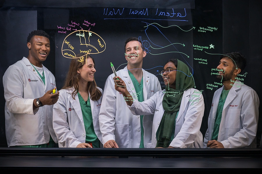 A diverse group of medical students writing notes on a whiteboard.