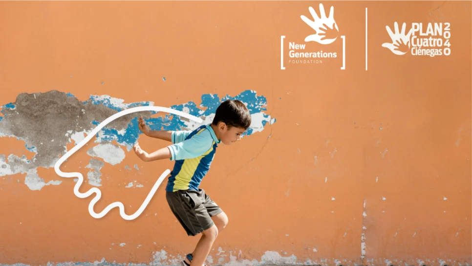 A young boy pretending to fly with a wing graphic behind him.