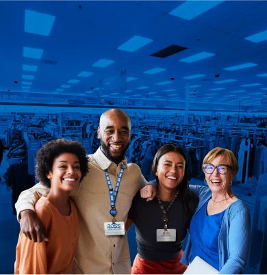 Four smiling Ross Stores Associates wearing lanyards