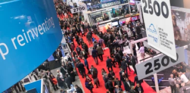 Booths and attendees at a career fair