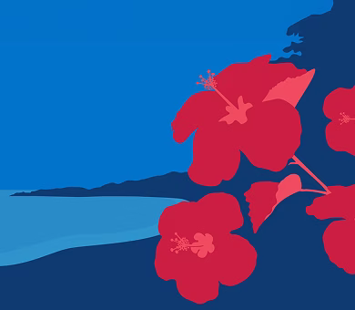 Tropical Puerto Rico coastline with vivid red hibiscus flowers in the foreground and a bright blue ocean under a clear sky.