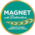 Magnet Recognition Program badge with green background and gold accents, reading "Magnet with Distinction – American Nurses Credentialing Center."