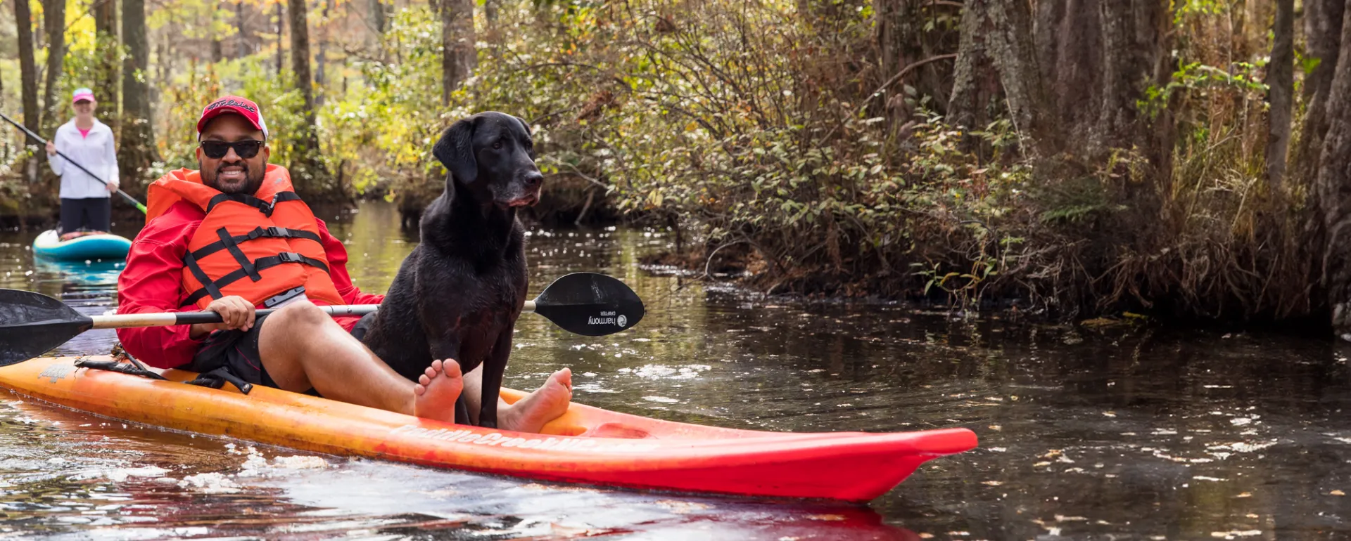 A Wake County employee kayaking with their dog.