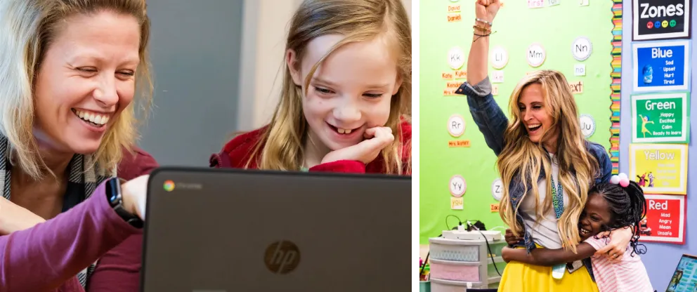 Substitute teacher and student share a laptop at Wake County Public School System