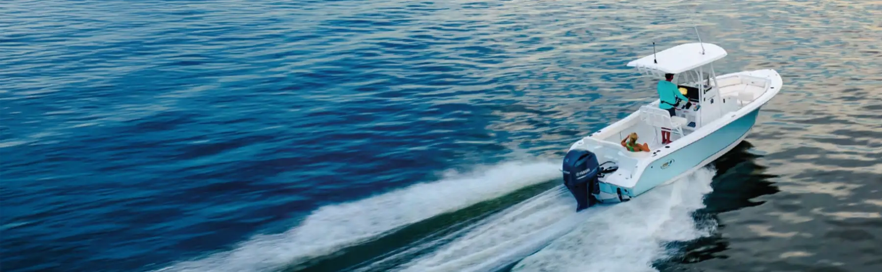 Two people in a powerboat on the water.