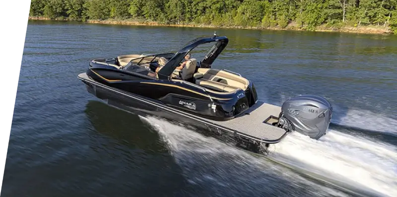 A G3 Suncatcher Amara pontoon boat cruising a river.