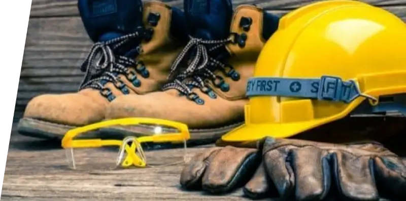 Work boots, gloves, a hardhat and safety glasses.