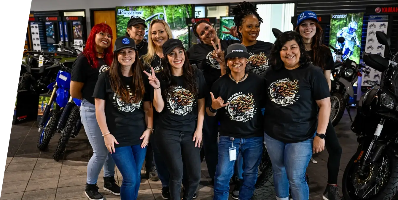 A group of female Yamaha employees celebrating International Female Ride Day.