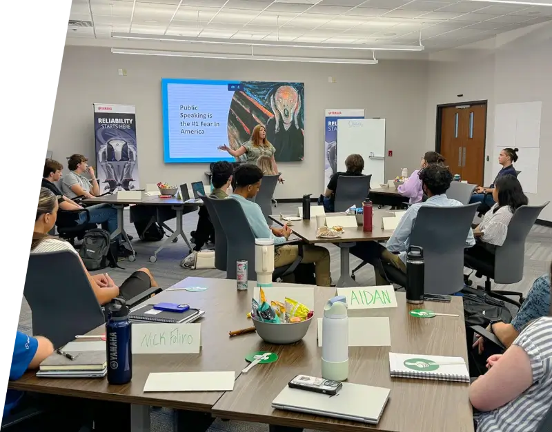 Yamaha employees attending a learning course.