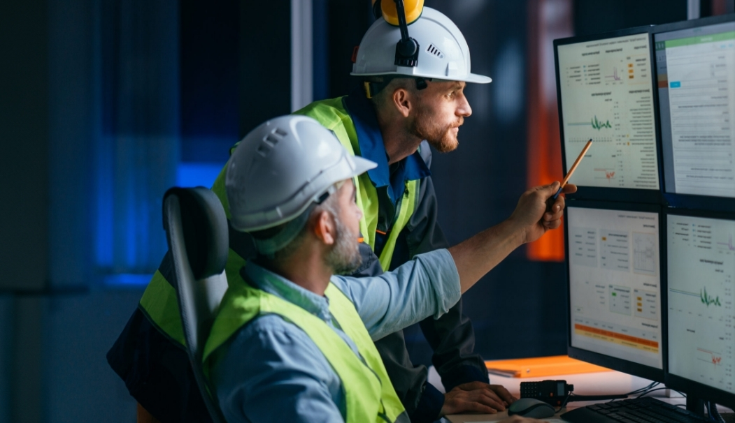 Two technicians looking at computer screens.