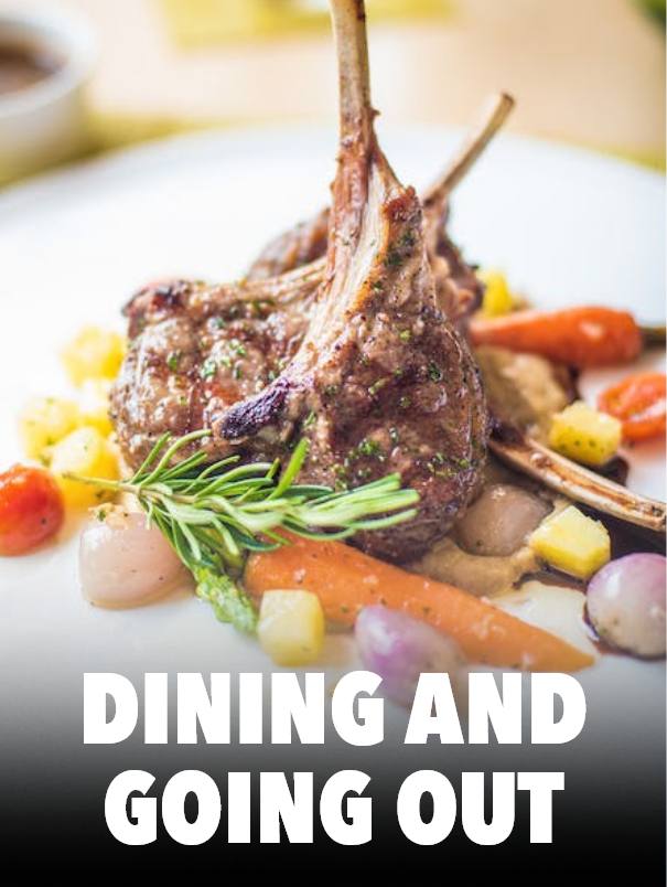 A plate with vegetables and lamb chops with the text “Dining and going out”