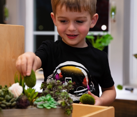 A little boy learning about plants and a guide instructing two students with writing.