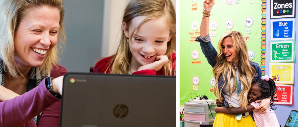 Substitute teacher and student share a laptop at Wake County Public School System